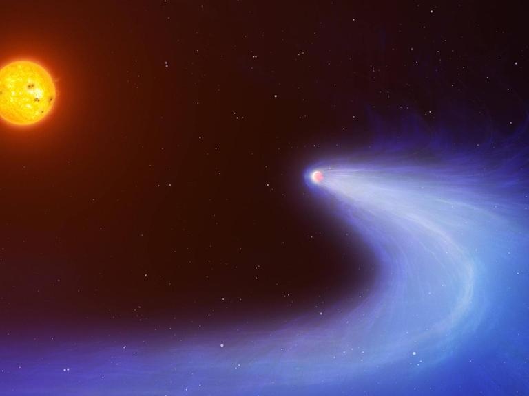 Künstlerische Darstellung des Planeten GJ436b, der einen Roten Zwerg umkreist.