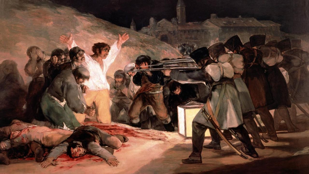 Das farbige Öl-Monumentalgemälde von _Francico de Goya,  "Der dritte Mai 1808", zeigt einen Mann, in weißem Hemd, der mit auseinandergerissenen Armen einem Erschießungskommandos gegenüber steht