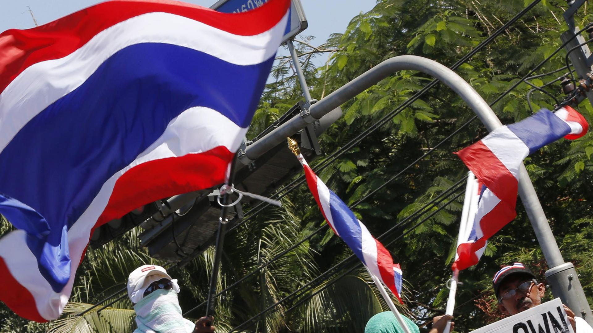 Protestieren, zum Teil vermummt, schwenken die thailändische Fahne in Bangkok