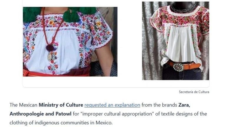 Ein Screenshot der Website Entrepreneur.com. Man sieht zwei Blusen, die sich sehr ähnlich sehen. Links das original Indigene Muster, Rechts das Industriedesign einer Modemarke.