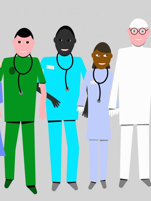 Illustration verschiedener Menschen in bunten Farben, fast alle tragen ein Stethoskop um den Hals.