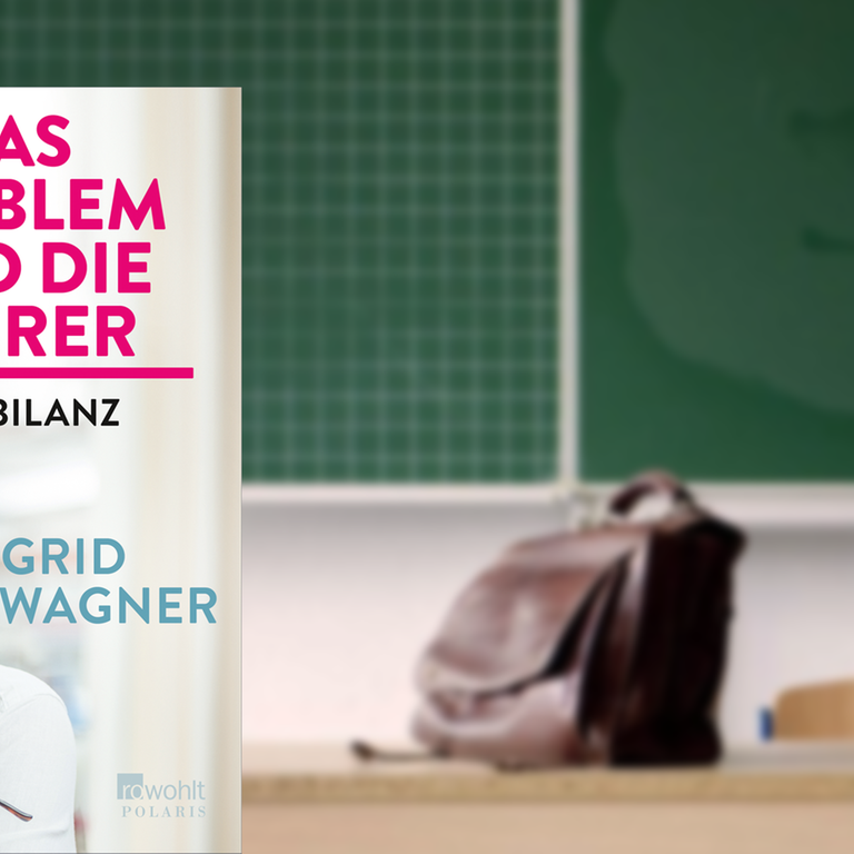 Buchcover "Das Problem sind die Lehrer" von Sigrid Wagner, im Hintergrund ein leeres Lehrerpult mit Schultasche