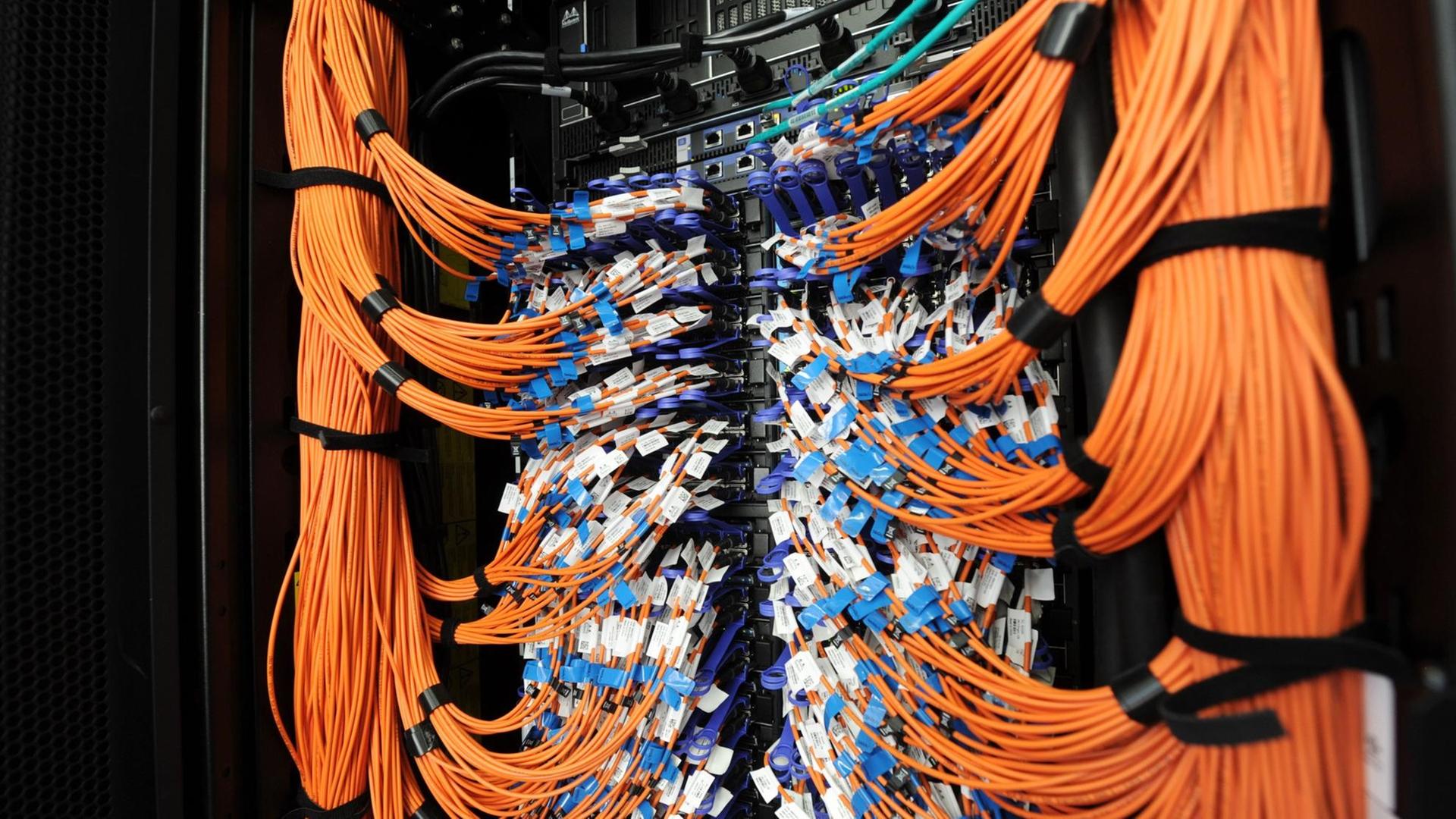 Netzwerkkabel des Hochleistungsrechners "SuperMuUC" im Leibniz-Rechenzentrum