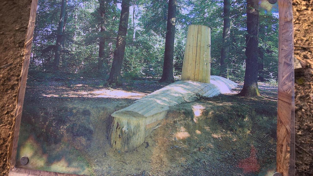 Bild einer hölzernen U-Boot-Skulptur, die aus dem Waldboden ragt.