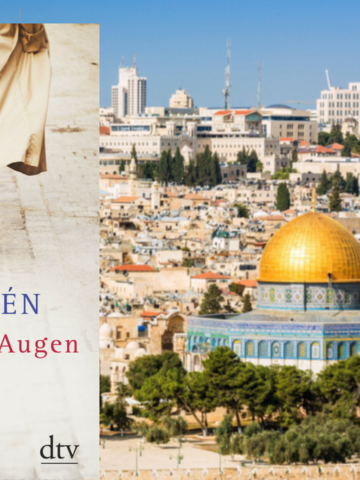 Buchcover: "Zu blaue Augen" von Mira Magén. Im Hintergrund: Die Skyline der Altstadt am Tempelberg in Jerusalem.