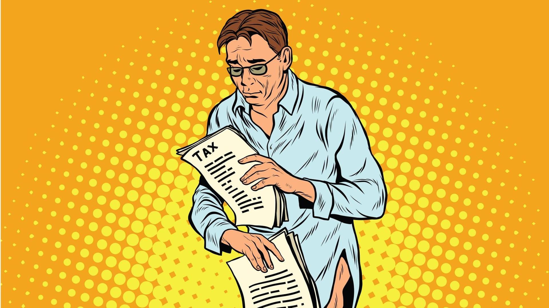 Eine Illustration zeigt einen Mann mit zerknittertem Hemd und ohne Hose, der mit traurigem Blick seine Steuerunterlagen prüft.