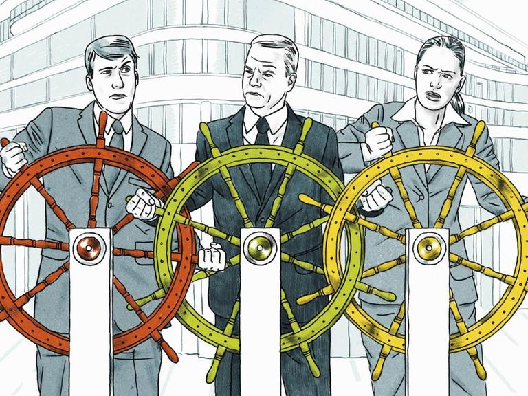Illustration: Personen konkurrieren um die Kontrolle des Steuererades.
