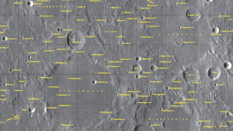 Der Krater Albategnius (unten rechts) neben Ptolemaeus und südlich von Hipparchus