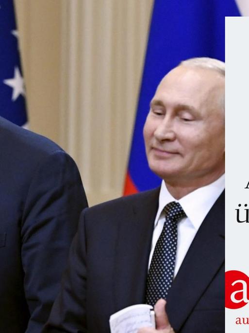 Trump sagt etwas, Putin steht lächelnd daneben. Davor das Buchcover von Masha Gesen "Autokratie überwinden"