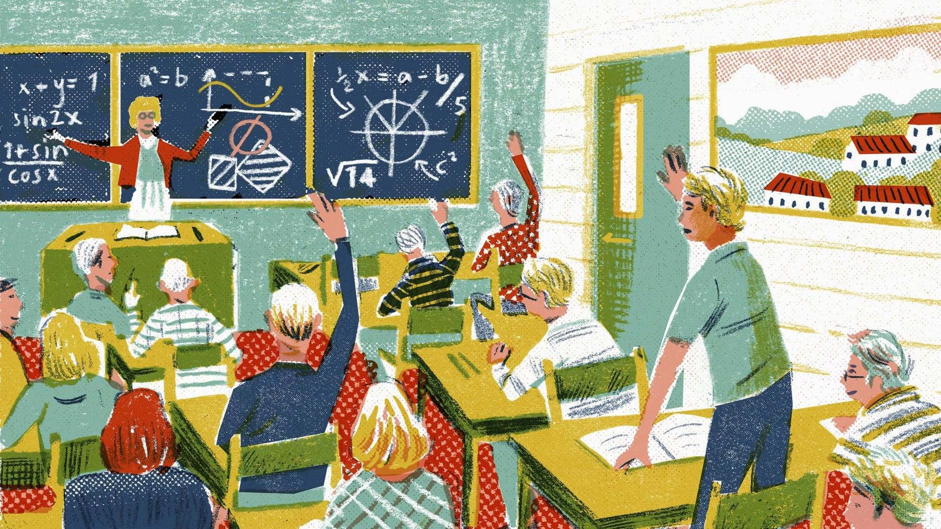 Illustration eines Klassenraums mit vielen Schülern und einer Lehrerin, die an der Tafel steht. Ein Schüler steht auf und beantwortet eine Frage, auf der Tafel stehen komplizierte Formeln und Zeichnungen.