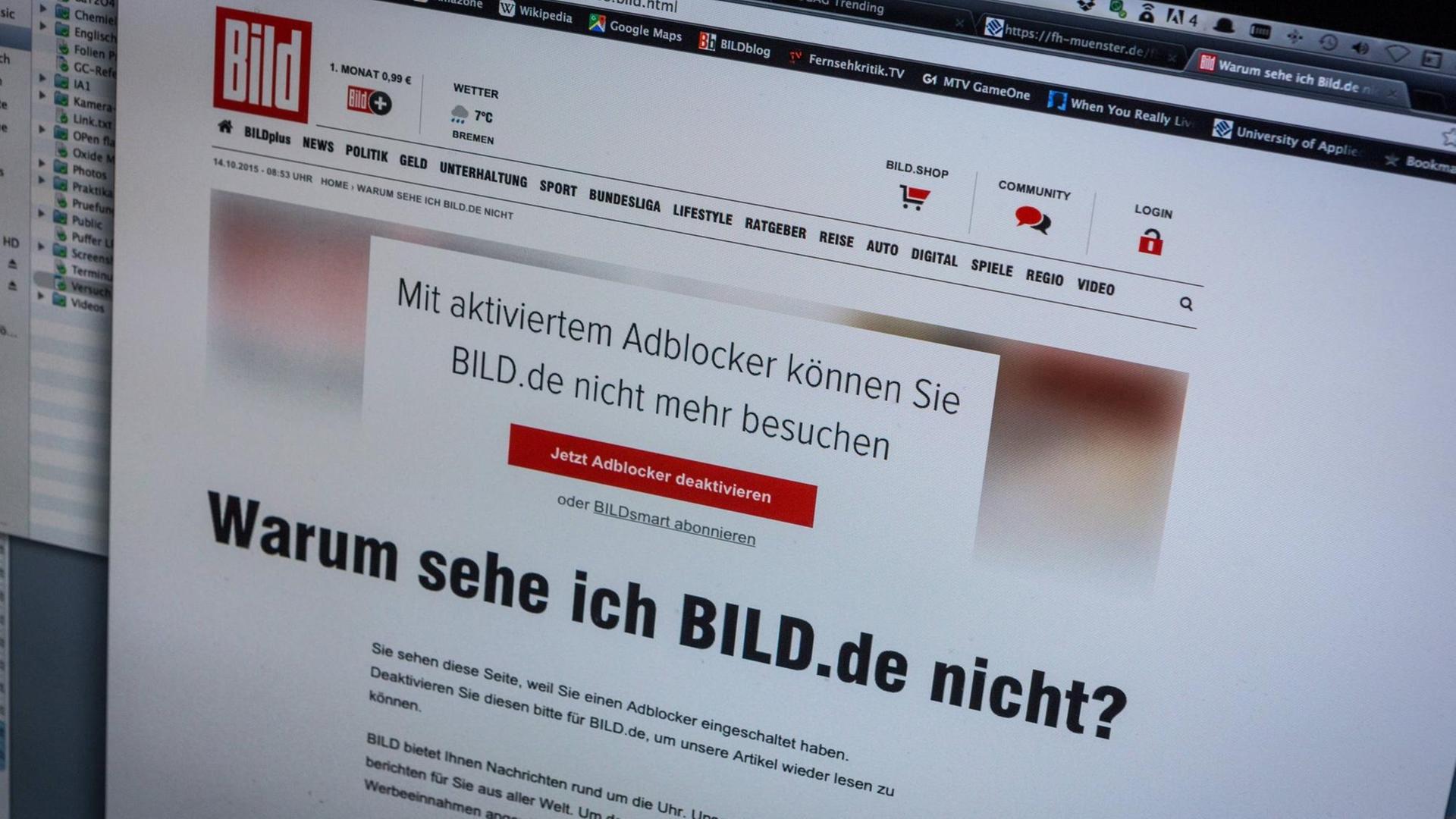 Screenshot von bild.de mit dem Hinweis, dass die Seite nicht lesbar ist, weil ein Adblocker genutzt wird. Screenshot von bild.de mit dem Hinweis, dass die Seite nicht lesbar ist, weil ein Adblocker genutzt wird.