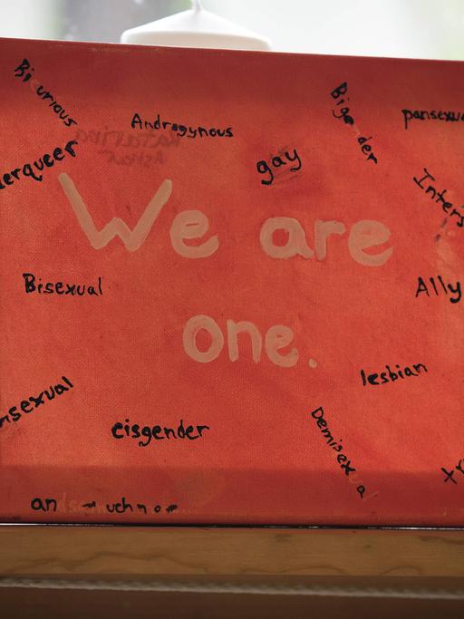 Ein Bild, auf dem um den Schriftzug "We are one" verschiedene Geschlechteridentitäten wie lesbisch, schwul oder cisgender notiert sind.
