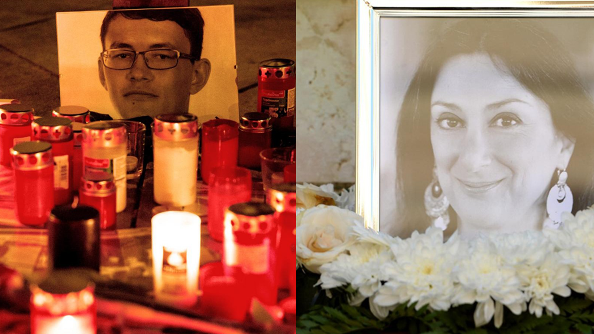 Zu sehen ist eine Collage mit jeweils einem Foto, das an die getöteten Journalisten Jan Kuciak und Daphne Caruana Galizia erinnert.