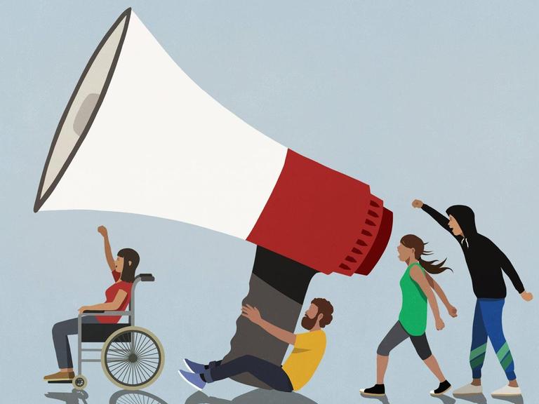 Illustration einer Gruppe Protestierender mit riesigem Megafon.