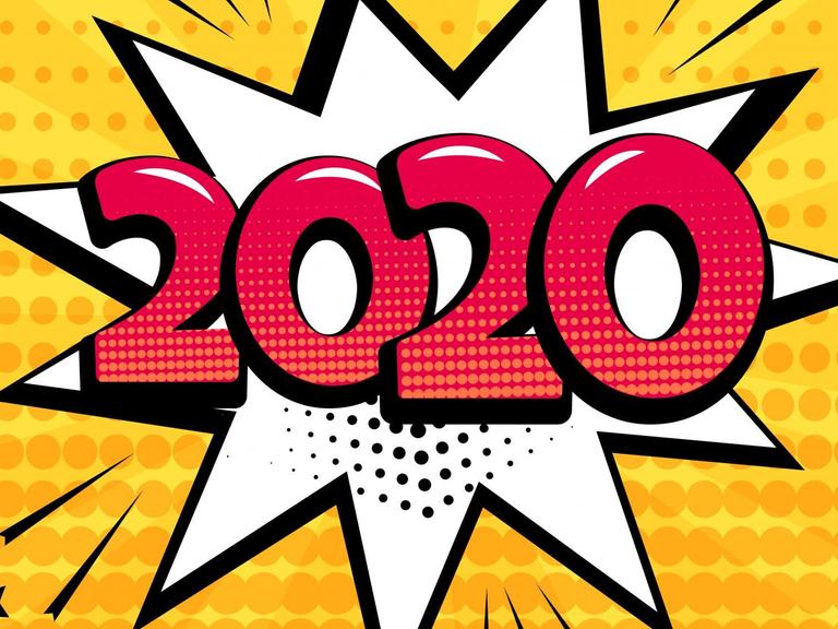 2020 steht in Comicschrift auf einem gelben Hintergrund