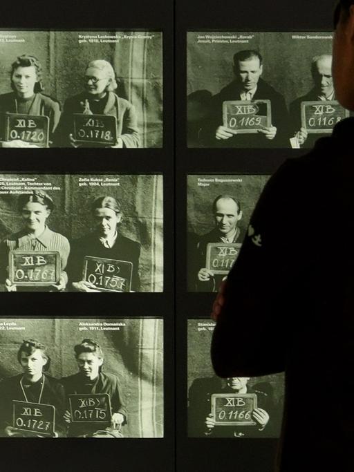 Eine Besucherin betrachtet in der Gedenkstätte Bergen-Belsen Registrierungsfotos polnischer Kriegsgefangener aus dem Warschauer Aufstand.