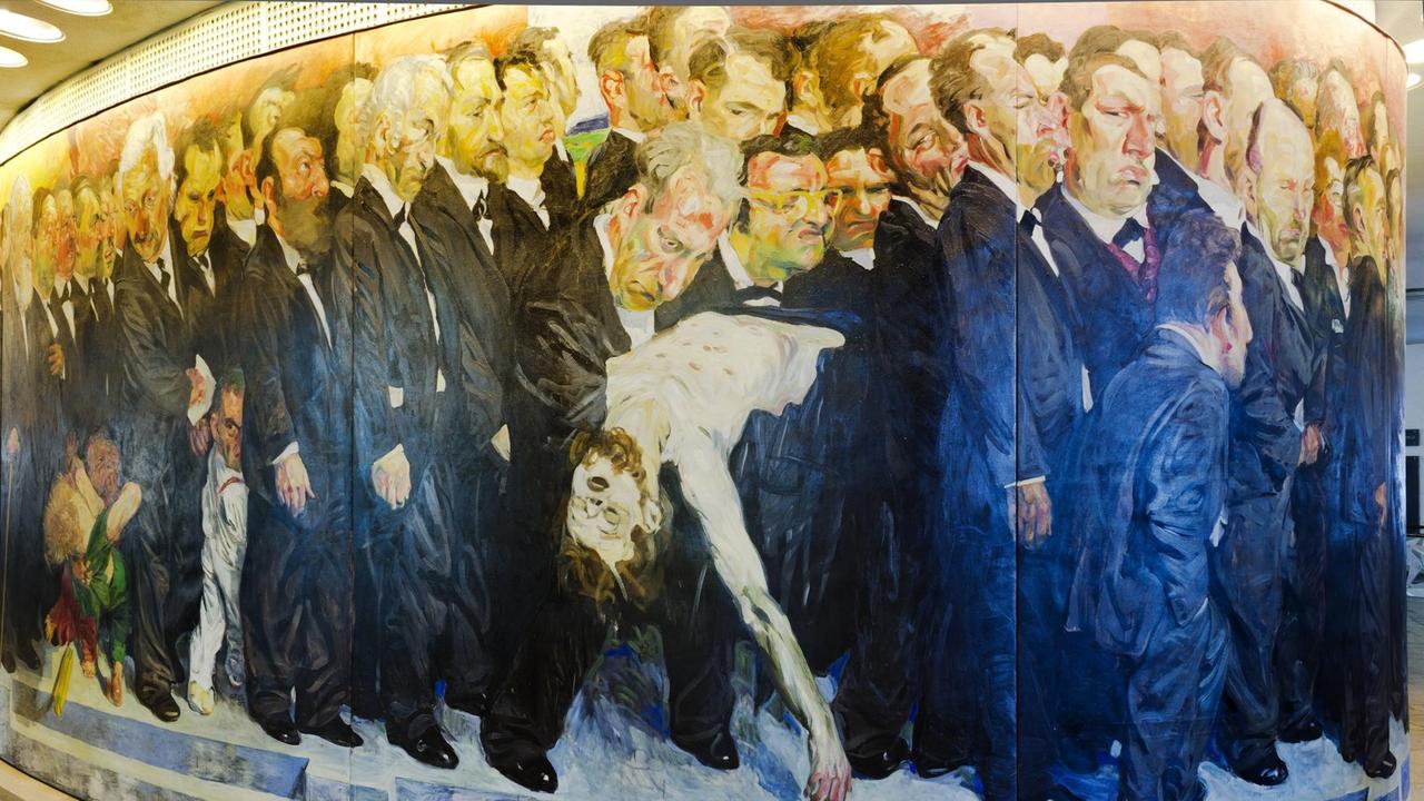 Ausschnitt aus dem Wandgemälde Der Zug der Volksvertreter vom Berliner Maler Johannes Grützke, 1991, auf der Innenseite des ovalen Wandelganges in der Paulskirche, Frankfurt am Main.
