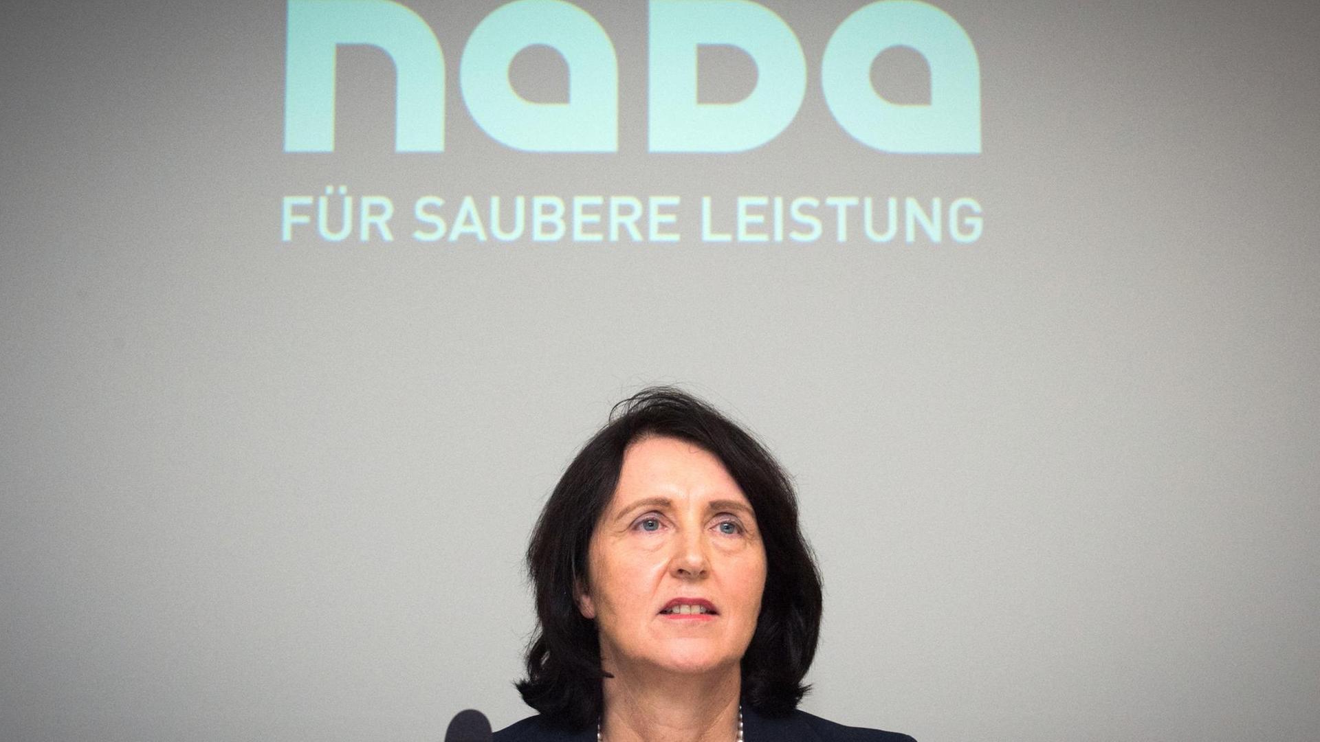 Die Vorstandsvorsitzende der NADA, Andrea Gotzmann, äußert sich am 01.06.2016 in Berlin vor Journalisten. 