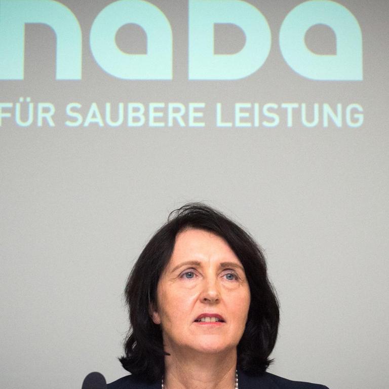 Die Vorstandsvorsitzende der NADA, Andrea Gotzmann, äußert sich am 01.06.2016 in Berlin vor Journalisten. Die Nationale Anti-Doping-Agentur (NADA) stellt im Otto Bock Science-Center in Berlin ihre Bilanz für das Jahr 2015 vor