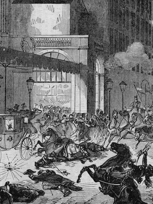 Der Angriff des italienischen Revolutionären Felice Orsini (1819-1858) gegen Napoleon III. Paris, 14. Januar 1858.