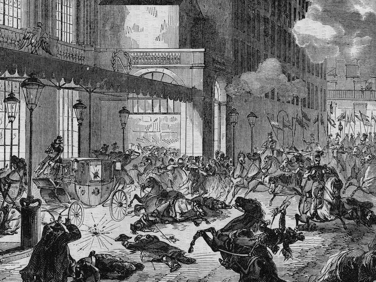 Der Angriff des italienischen Revolutionären Felice Orsini (1819-1858) gegen Napoleon III. Paris, 14. Januar 1858.