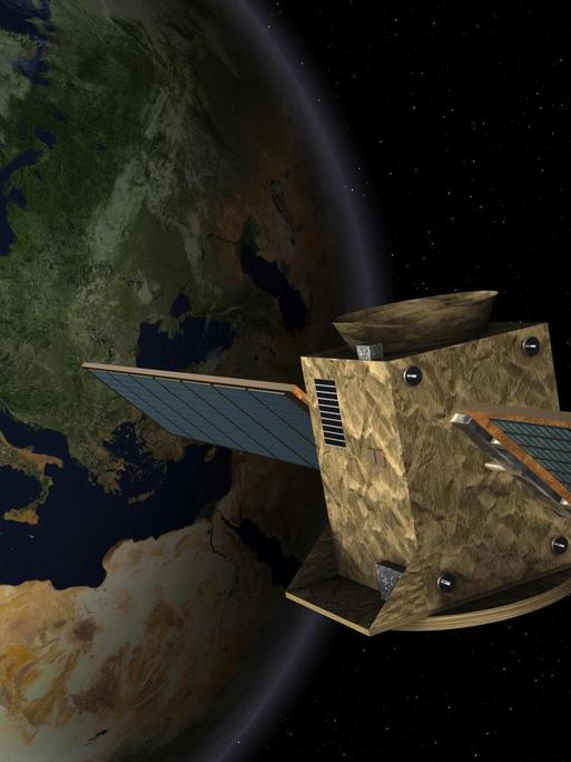 Symbolbild für das Galileo-Navigationssystem mit einem Satelliten vor der Erdkugel mit Europa