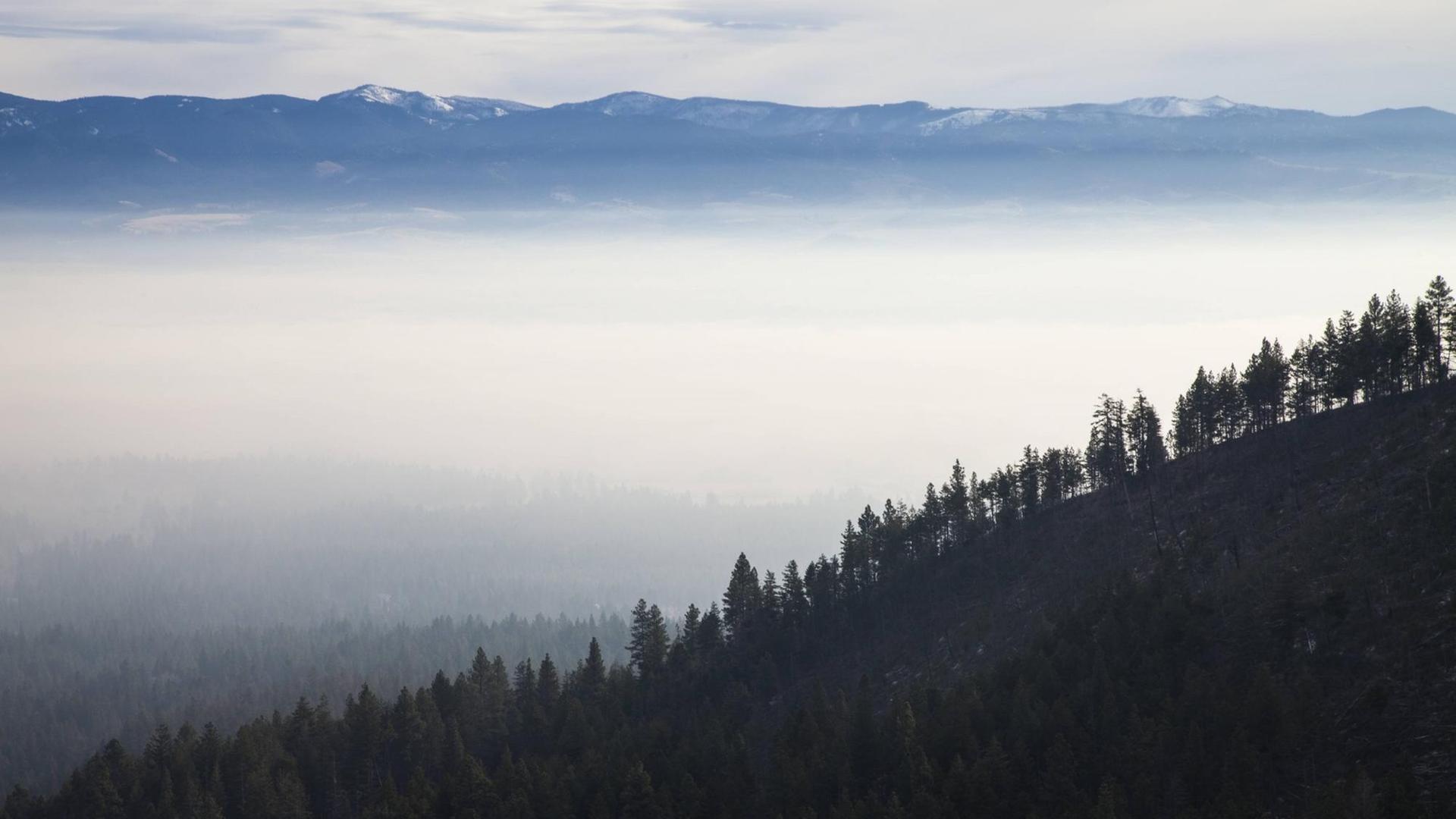 Nebel und Rauch über dem Bitterroot Valley im Herbst in Hamilton Montana, USA.