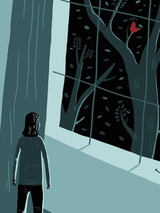 Illustrartion einer ängstlichen Frau, die in der Nacht aus dem Fenster schaut.