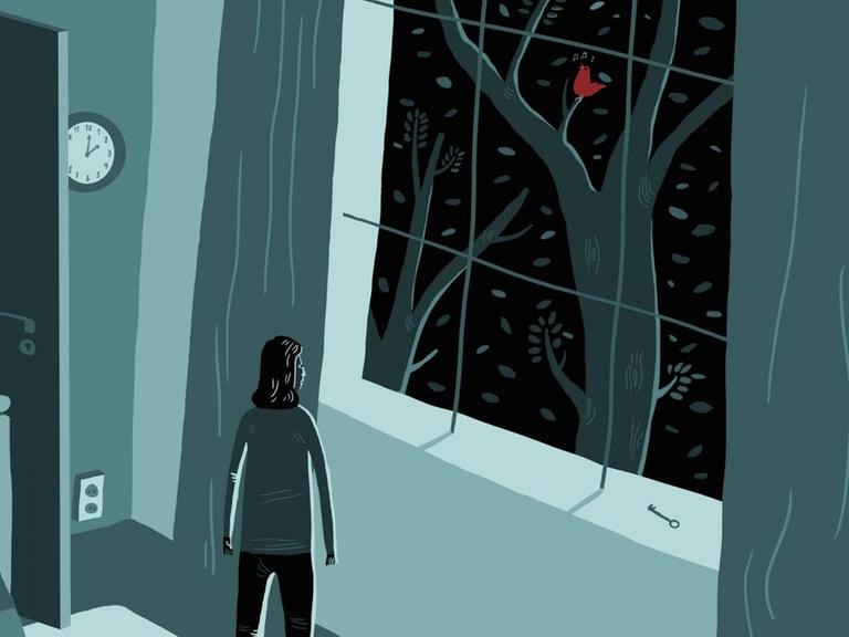 Illustrartion einer ängstlichen Frau, die in der Nacht aus dem Fenster schaut.