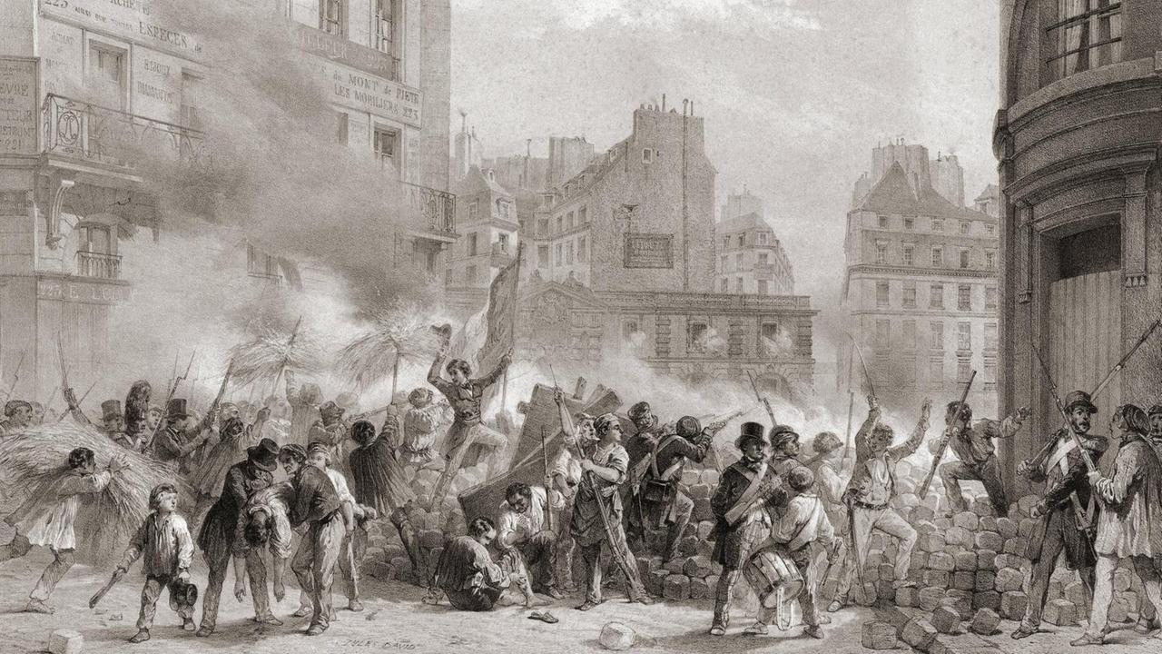 Die Französische Februarrevolution 1848 nach einem zeitgenössischen Druck von Jules David: Revolutionäre belagern das Chateau d'eau.