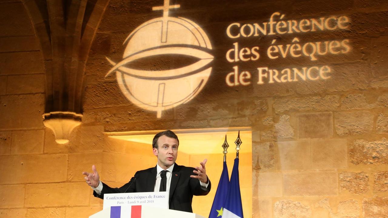 Frankreichs Präsident Emmanuel Macron bei einer Rede vor der Bischofskonferenz in Frankreich am 9. April 2018
