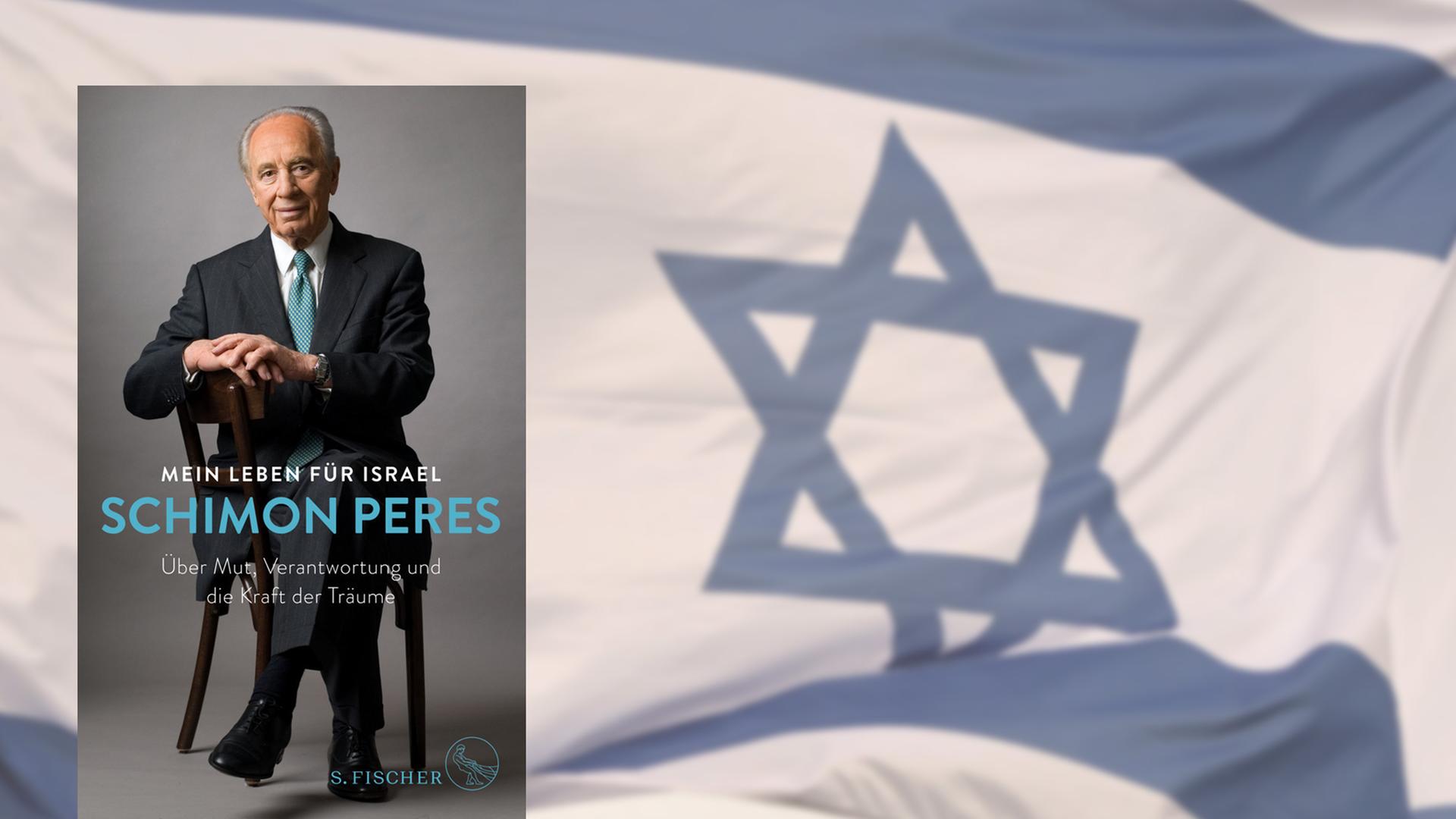 Buchcover "Mein Leben für Israel" von Shimon Peres, im Hintergrund eine israelische Flagge