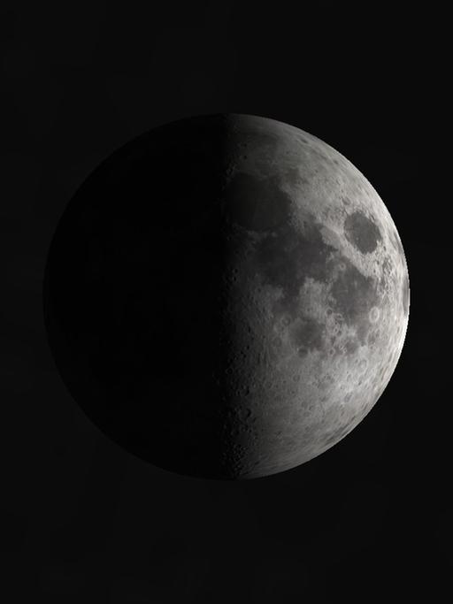 Wenn der Halbmond im Süden steht, ist die Sonne oft schon untergegangen; trotzdem verläuft die Licht-Schatten-Grenze auf dem Mond senkrecht, so dass das Licht nicht wirklich von der Sonne zu kommen scheint