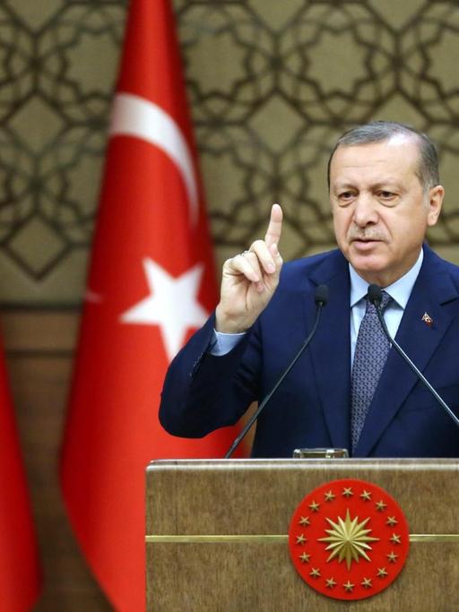 Der türkische Präsident Recep Tayyip Erdogan am Rednerpult, im Hintergrund mehrere türkische Flaggen.