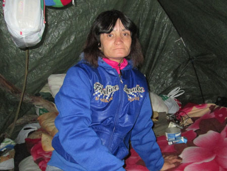 Die Obdachlose Monika sitzt am 18.10.2013 in ihrem Zelt auf der Budapester Margareteninsel. Demonstranten haben in Ungarn verhindert, dass das Stadtparlament von Budapest Obdachlosen den Zugang zu bestimmten Zonen der Hauptstadt verbietet.