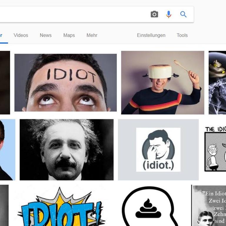 Screenshot von der Google-Seite mit dem Suchauftrag "Bilder"- "Idiot": Wer bei Google-Bildersuche "Idiot" eingibt, bekommt ziemlich viel Trump angeboten.