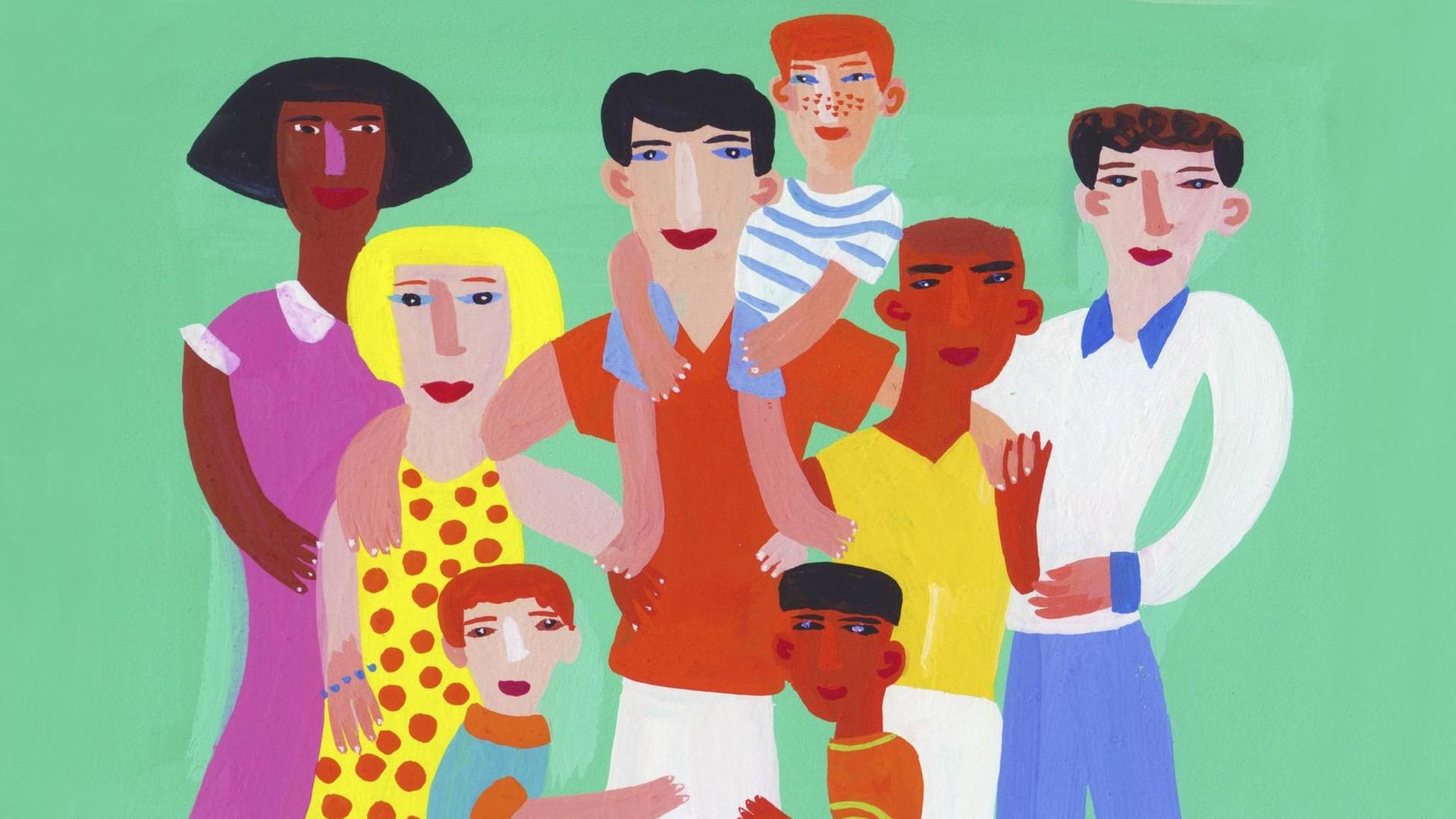 Illustration einer Gruppe von Familie und Freunden mit verschiedenen Haut-und Haarfarben
