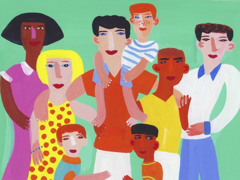 Illustration einer Gruppe von Familie und Freunden mit verschiedenen Haut-und Haarfarben