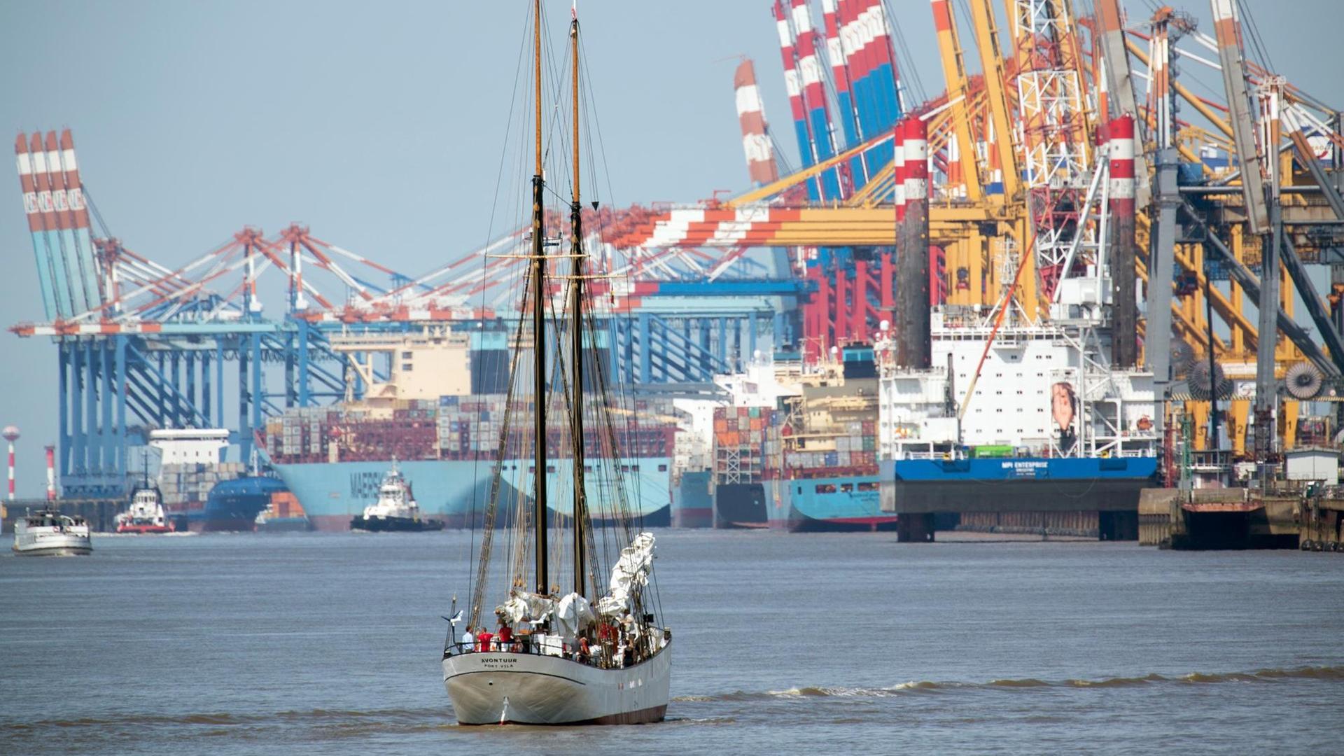 Der Frachtsegler "Avontuur" fährt am 28.07.2016 auf der Weser in Bremerhaven auf den Container-Terminal in Bremerhaven zu. Der 44 Meter lange Gaffelschoner von 1920 soll zukünftig umweltschonend unter Segeln Frachten transportieren. Er kann 70 Tonnen Ladung aufnehmen.