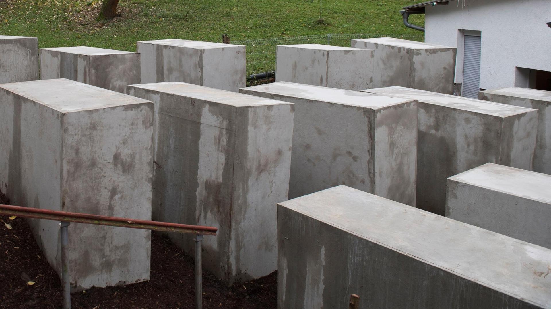 Das "Denkmal der Schande", ein verkleinerter Nachbau des Berliner Holocaust-Mahnmals, ist am 22.11.2017 in Bornhagen im Eichsfeld (Thüringen) in Sichtweite des Grundstücks von AfD-Politiker Höcke zu sehen.