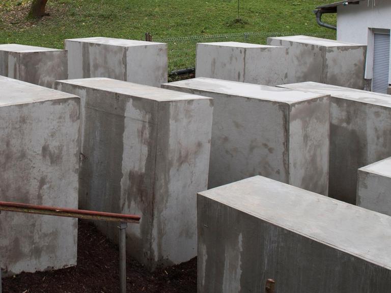 Das "Denkmal der Schande", ein verkleinerter Nachbau des Berliner Holocaust-Mahnmals, ist am 22.11.2017 in Bornhagen im Eichsfeld (Thüringen) in Sichtweite des Grundstücks von AfD-Politiker Höcke zu sehen.