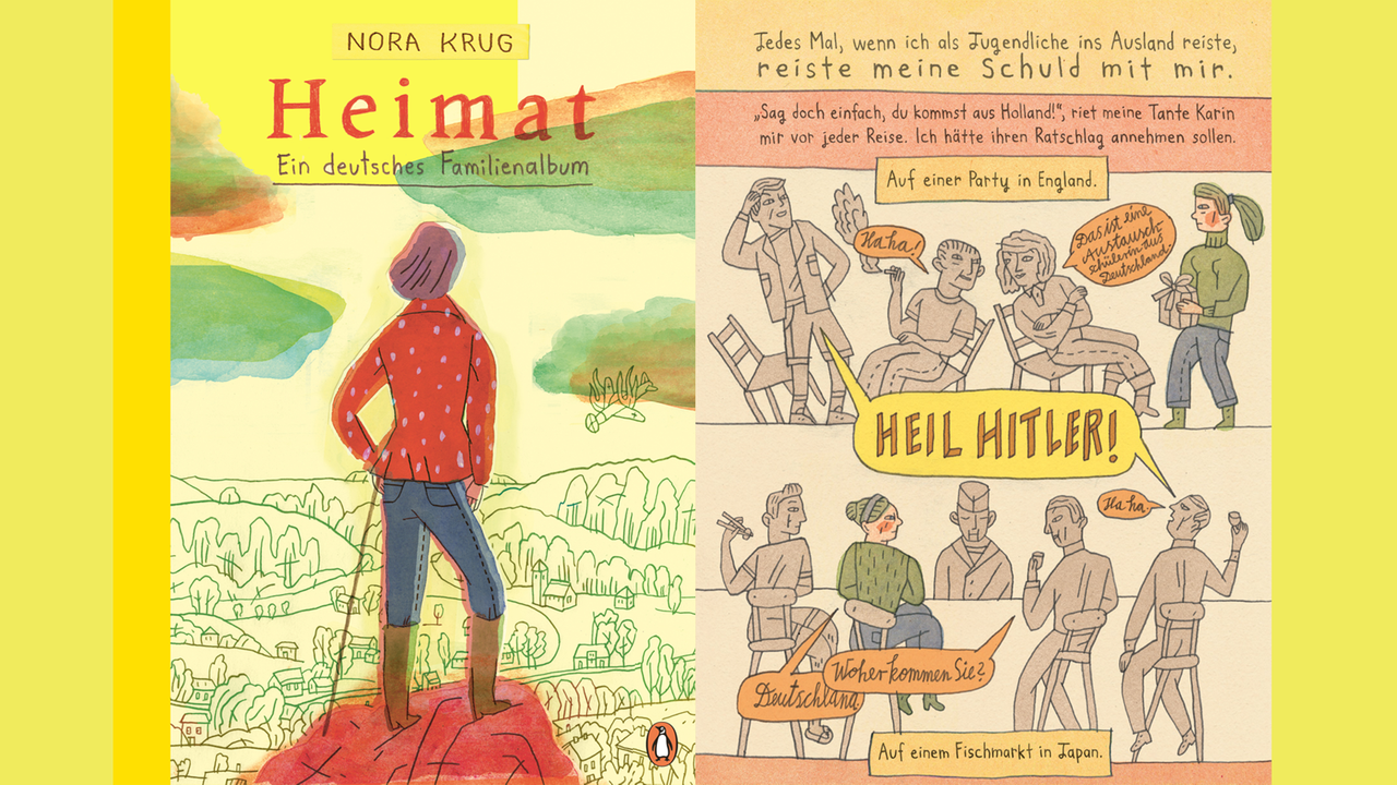 Cover von "Heimat" von Nora Krug und eine Buchseite aus "Heimat" (Collage)