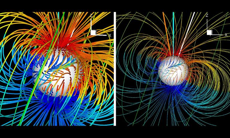 Das Magnetfeld eines Sterns in einer Computergrafik. Farbige Linien spannen sich in weiten Bögen von Pol zu Pol. Das Magnetfeld eines Sterns in einer Computergrafik. Farbige Linien spannen sich in weiten Bögen von Pol zu Pol.