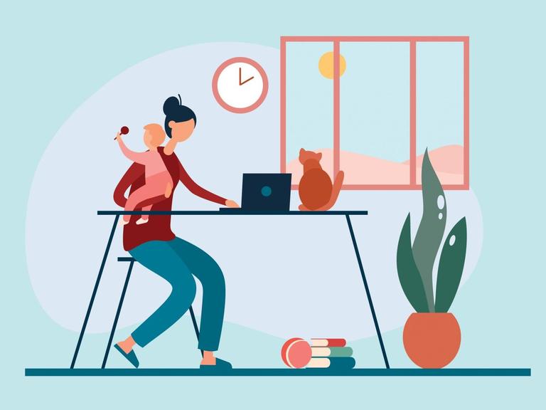 Illustration einer Frau Zuhause am Schreibtisch, mit einem Baby im rechten Arm und dem linken Arm am Laptop.