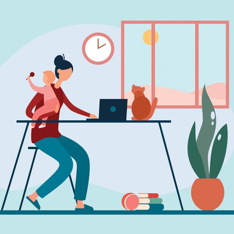 Illustration einer Frau Zuhause am Schreibtisch, mit einem Baby im rechten Arm und dem linken Arm am Laptop.