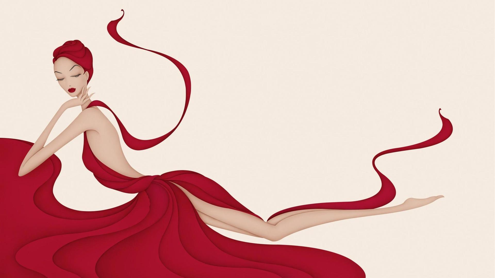 Illustration einer rothaarigen Frau in einem roten Kleid in einer lasziven Pose