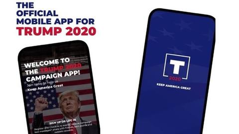 Eine Fotografie zeigt ein Handy mit der offiziellen Wahlkampf-App von Donald Trump 2020.