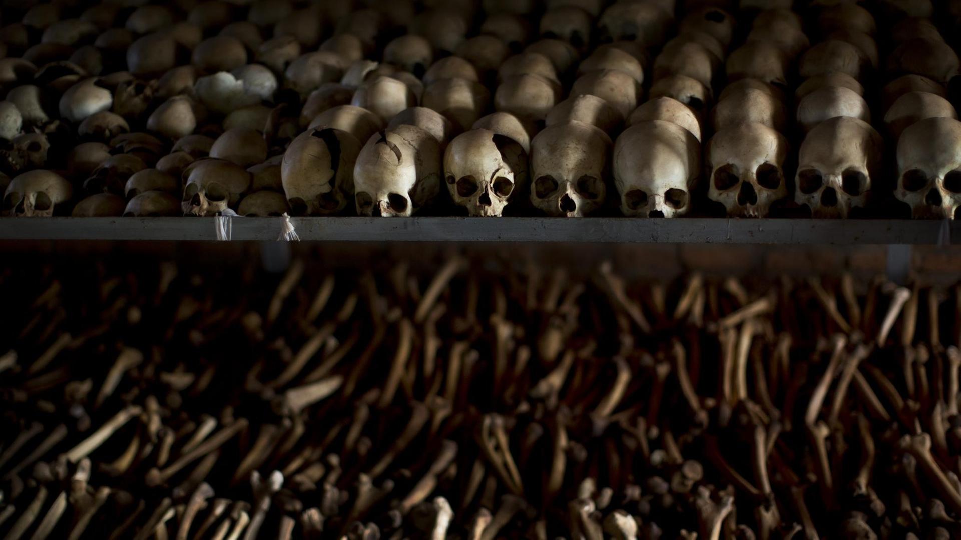 Schädel und Knochen von Opfern, die während des Genozid 1994 in Ntarama, Ruanda, vergeblich Schutz in einer Kirche suchten. Über drei Monate dauerte das Morden. Extremistische Hutus töteten Nachbarn, Freunde und Familienmitglieder, die den moderaten Hutus oder den ethnischen Tutsis angehörten. Mehr als eine Millionen Menschen starben.