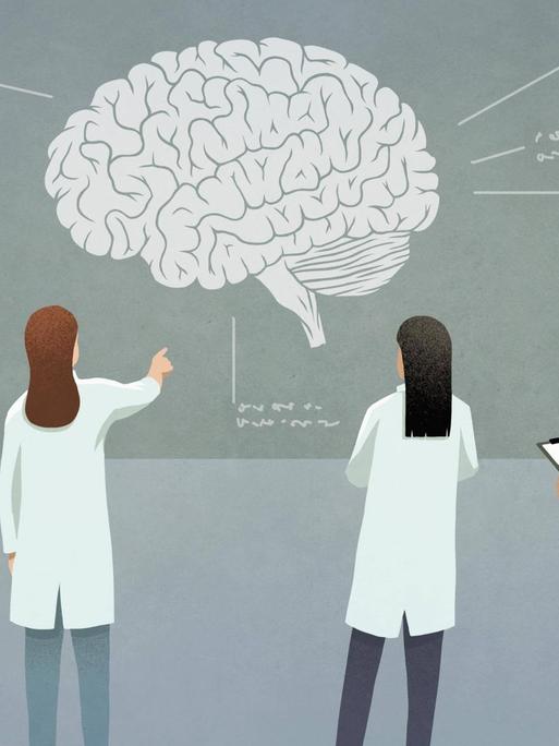Wissenschaftler diskutieren ein Gehirndiagramm. (Illustration)