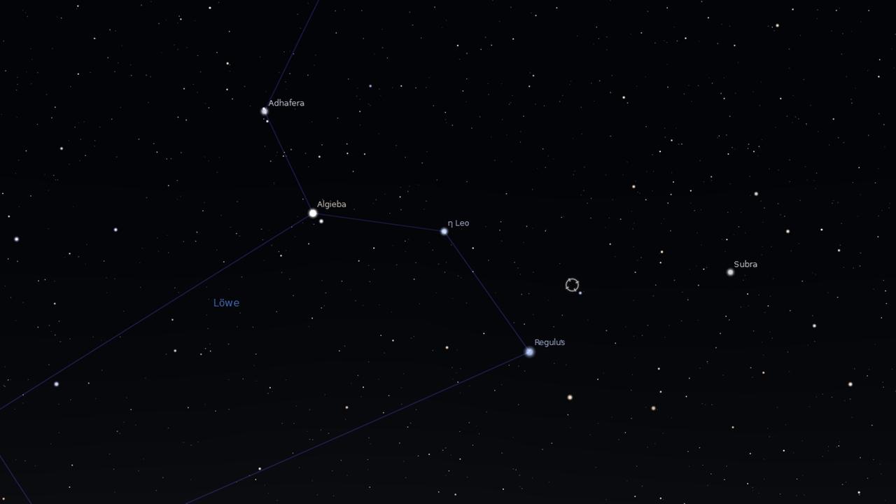 Der Asteroid Astraea steht heute etwas rechts oberhalb von Regulus